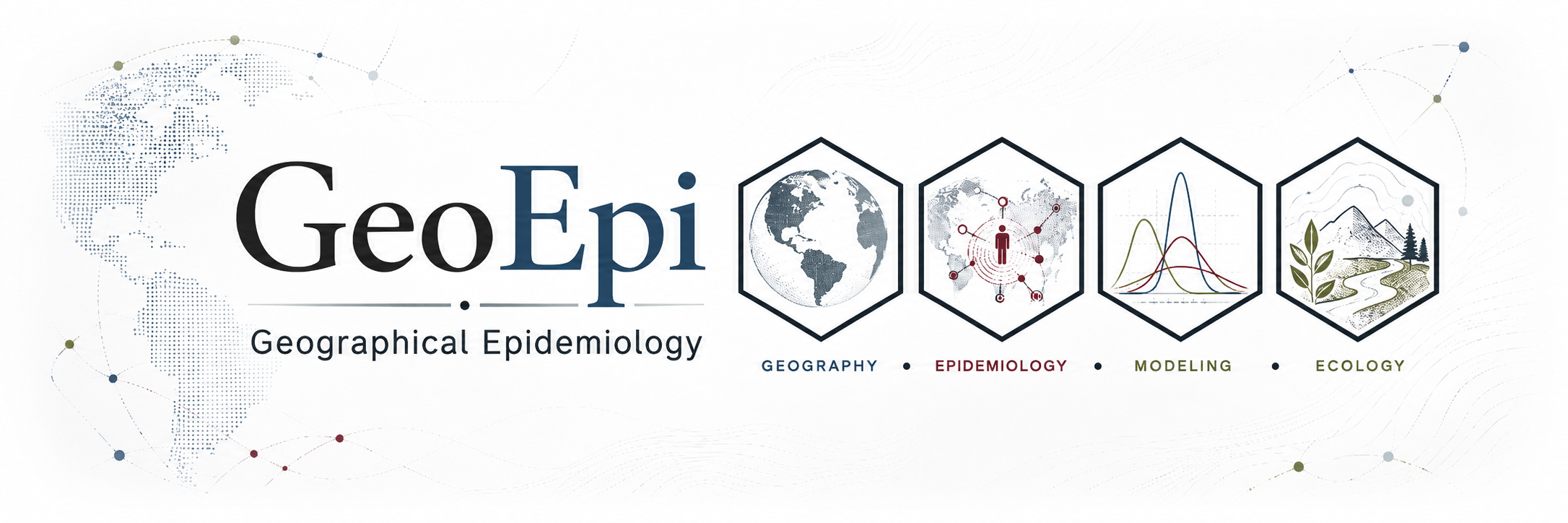 GeoEpi — Geographical Epidemiology, with four visual themes: Geography, Epidemiology, Modeling, and Ecology.